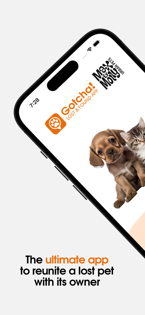Gotcha! Lost & Found App - Gotcha Lost and Found app screen featuring a puppy and kitten with text about reuniting lost pets.