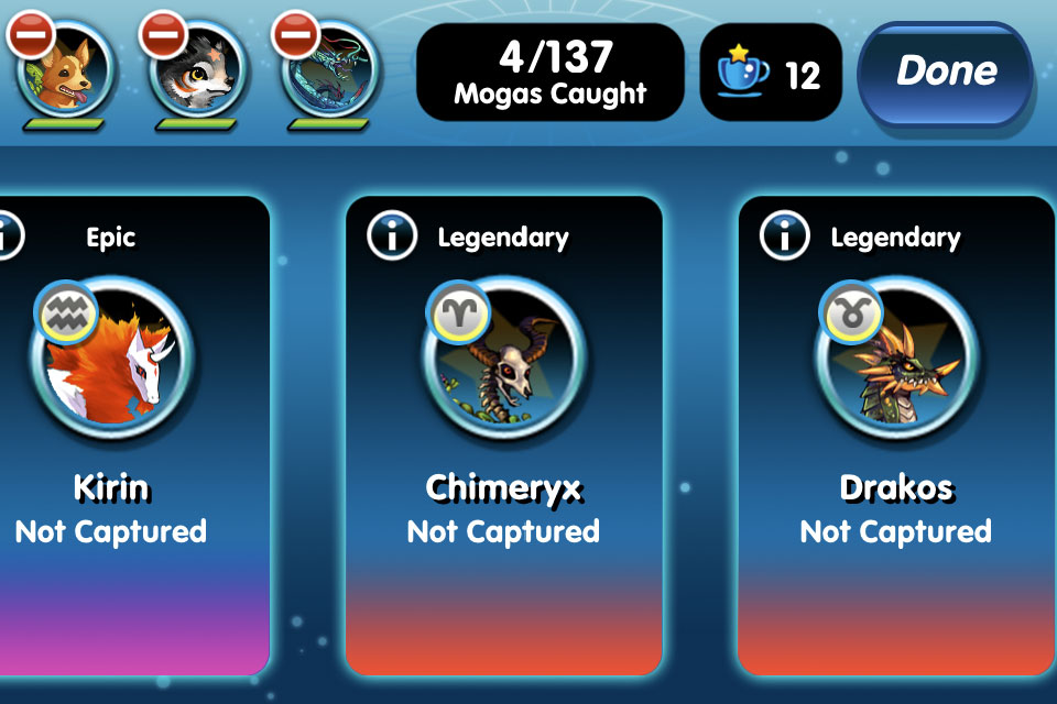 Monster Galaxy collection screen showing legendary Moga monsters and zodiac symbols