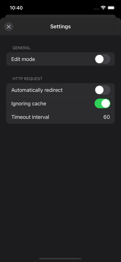 Settings screen of HTTP Request Maker app showing options for redirection, cache, and timeout interval.