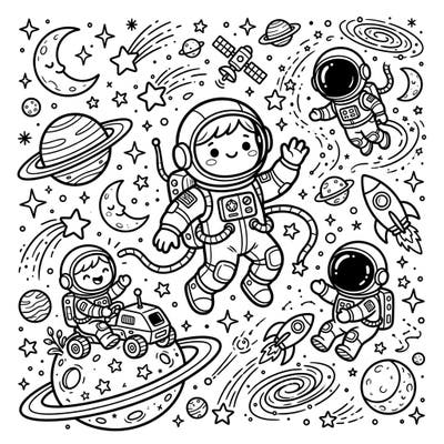 Embark on an out-of-this-world adventure with this delightful Kawaii Space & Sci-Fi coloring page. Dive into a universe filled with cute astronauts, friendly planets, and twinkling stars, all waiting for your creative touch.