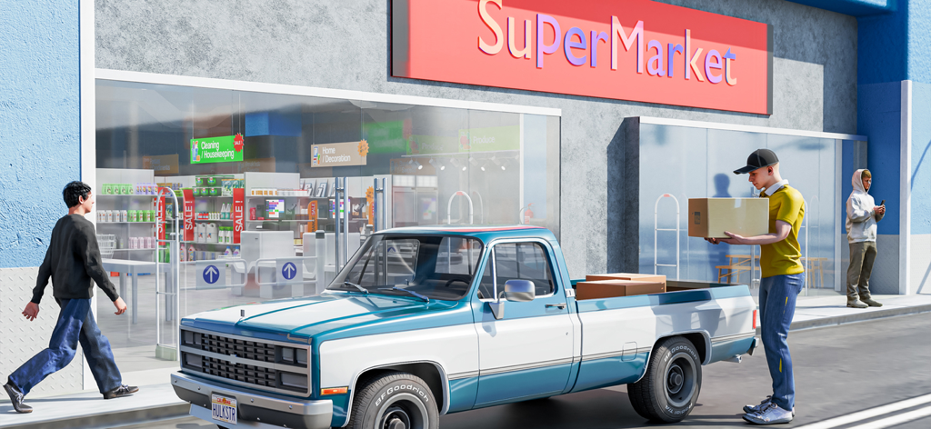 Manager 3D: Supermarket Sim - Un trabajador descargando cajas de entrega de un camión en una tienda de supermercado 3D.