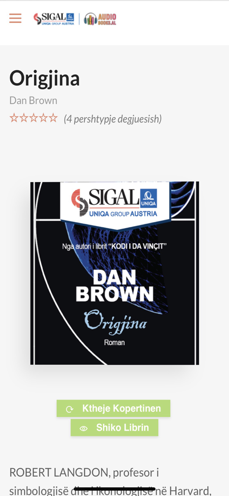 Sigal Hörbücher App-Oberfläche mit dem Buch Origjina von Dan Brown auf Albanisch