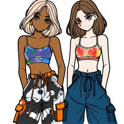 two girls with crop top with baggy pants