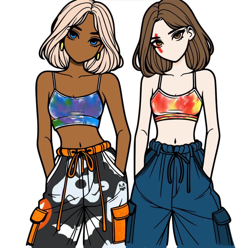 two girls with crop top with baggy pants