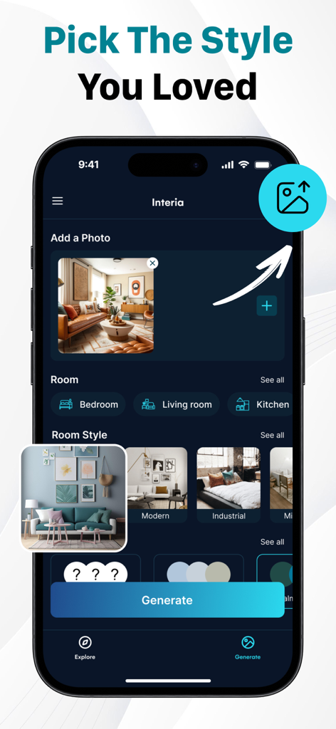 Interface for choosing interior design styles and room types in the AI Home Design app.