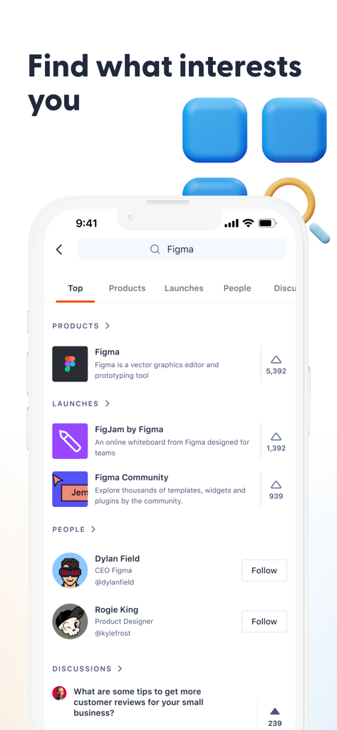 Product Hunt - Interfaz de búsqueda de Product Hunt mostrando resultados de productos de Figma y miembros de la comunidad
