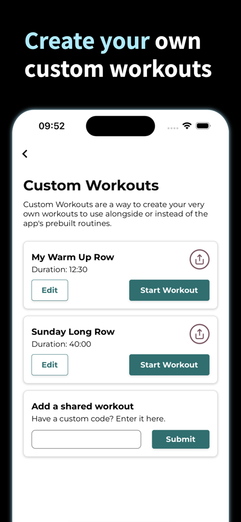 Rowing Machine Workouts - A mobile app interface displaying custom rowing machine workout routines like warm up and long row options