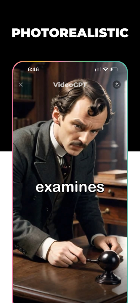 AI-generated photorealistic video of a man in a vintage suit examining an object in a study