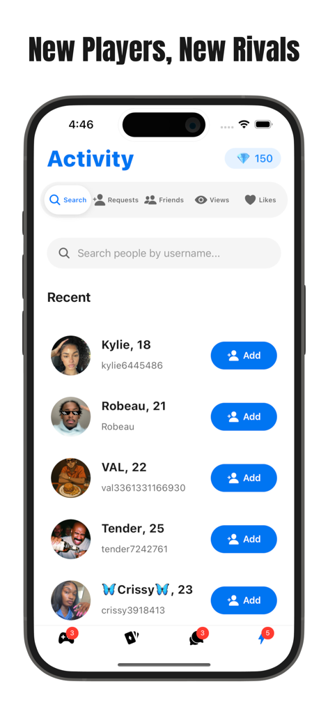 Pandu – Make Friends and Play - Pandu 앱의 활동 화면으로 검색창과 친구 추가를 위한 최근 사용자 목록을 보여줍니다.