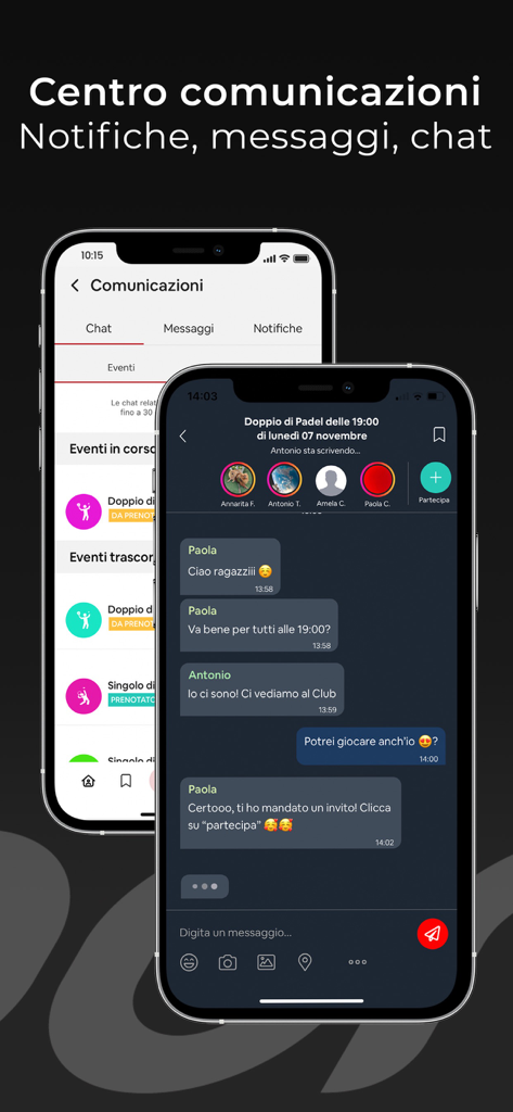 Interfaz de la aplicación móvil que muestra el centro de chat y comunicación para miembros del club deportivo