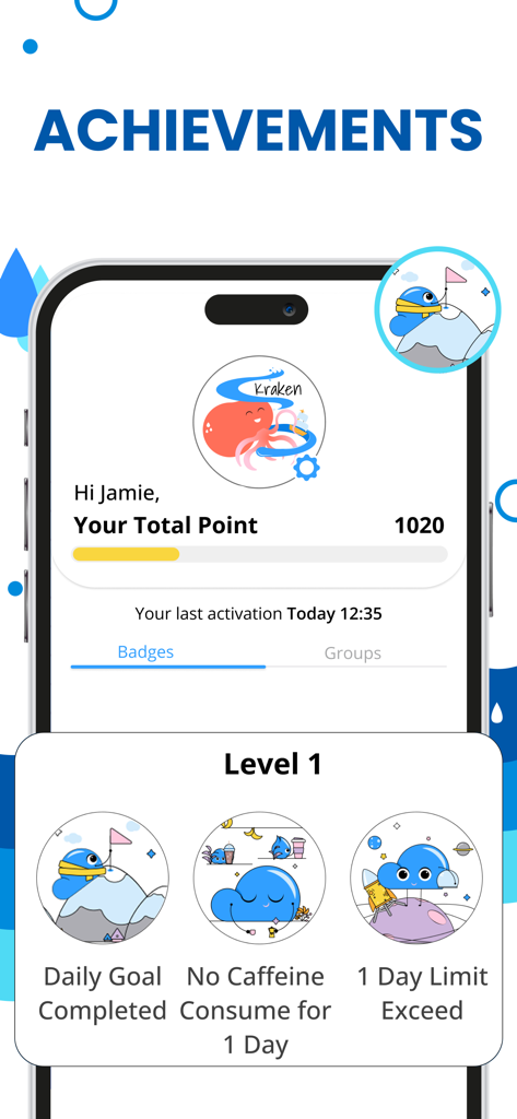 Water Reminder - Drink - Water Reminder app achievements screen displaying earned badges and total points
