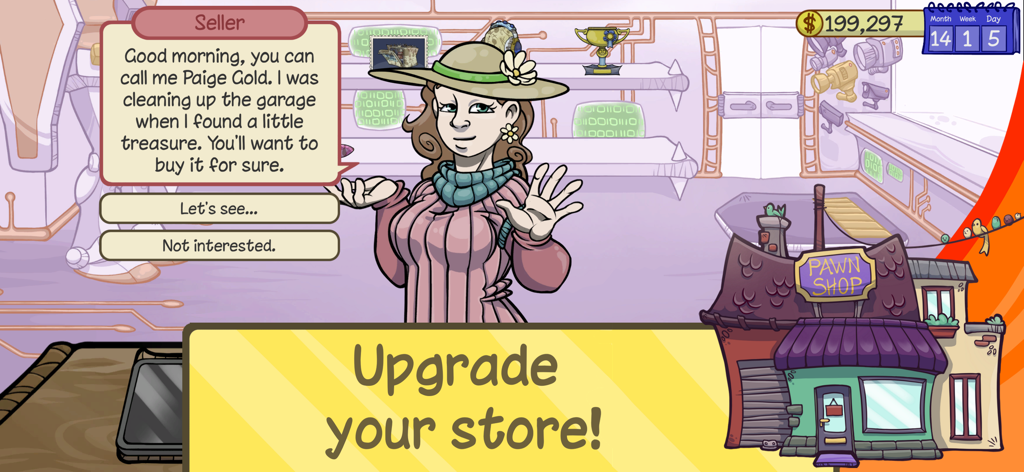 Dealer's Life 2 - A female customer named Paige Gold negotiating a sale in the Dealers Life 2 pawn shop simulator with a banner saying Upgrade your store