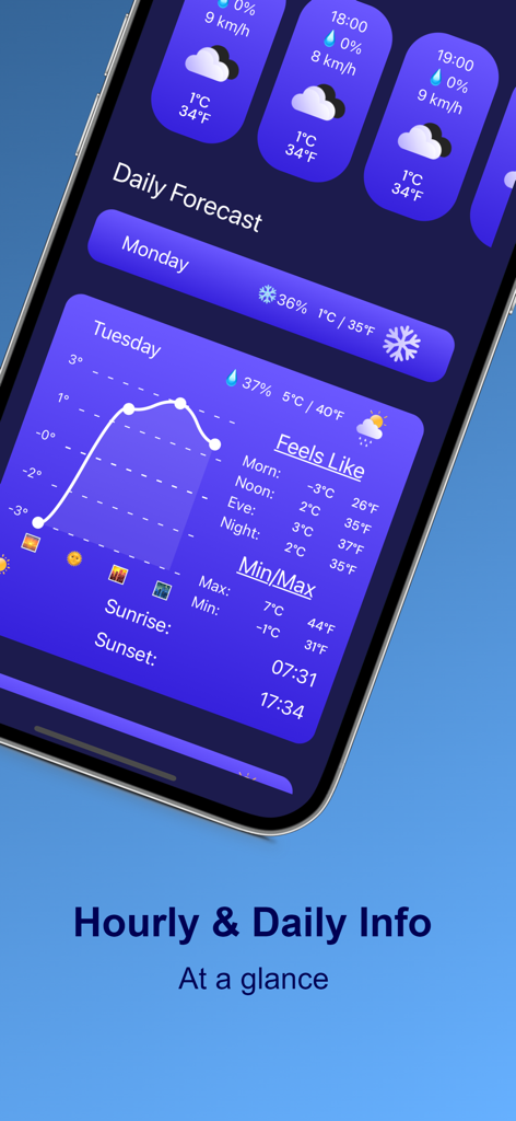 DualTemp Weather - DualTemp Weather app screenshot showing detailed hourly and daily forecasts with simultaneous Celsius and Fahrenheit temperature readings