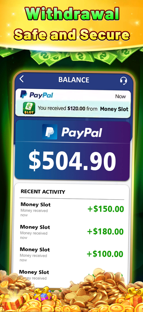 Pantalla de la aplicación Money Slots que muestra un retiro seguro de PayPal y el saldo en efectivo