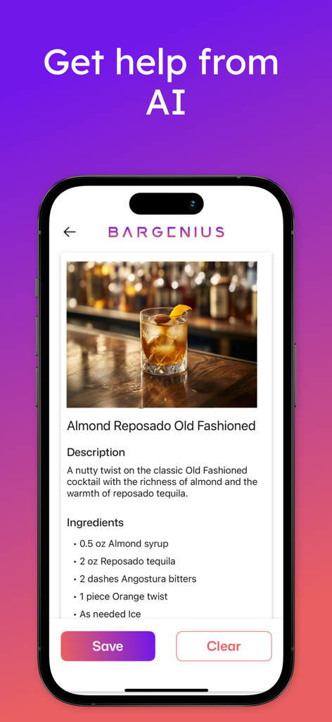 BarGenius - Cocktail App - Interfaz de la aplicación BarGenius que muestra una receta de cóctel generada por IA para un Old Fashioned de Reposado con Almendra