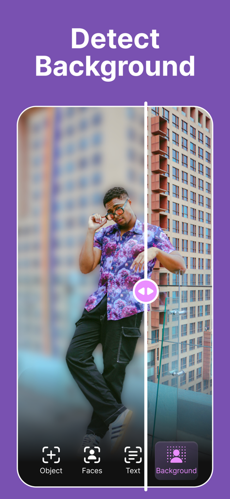 AI Blur Video - Mosaic Editor - A split screen showing a man with a blurred background versus a clear background to demonstrate the detect background feature