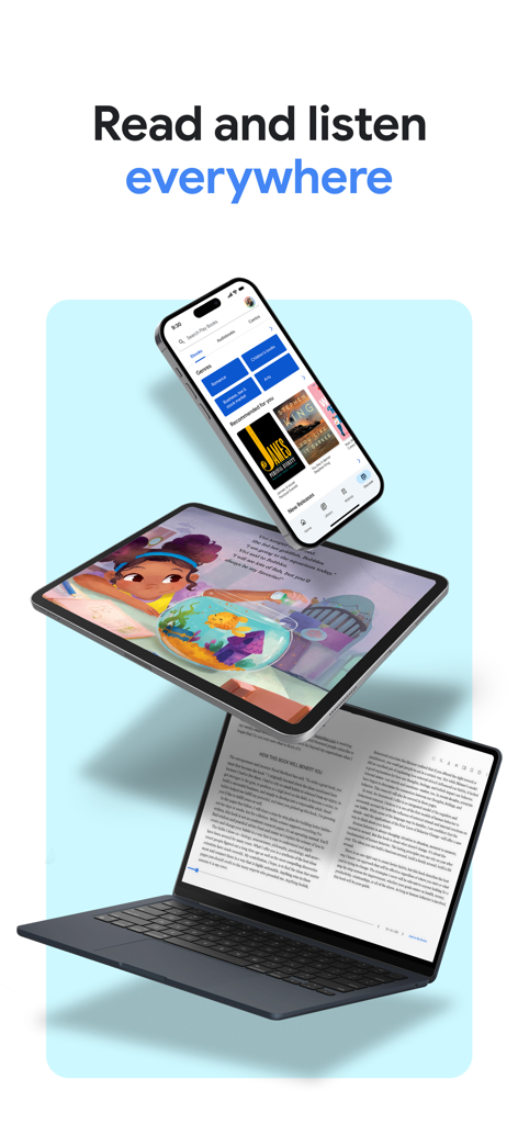 Application Google Play Livres affichée sur un smartphone, une tablette et un ordinateur portable avec le slogan lire et écouter partout