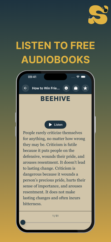 English Book Read : Storifine - Storifine mobile app interface showing a book chapter with a play button to listen to the audiobook narration