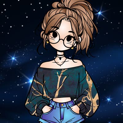 girl with a messy ponytail glasses a baggy crop top and jean shorts