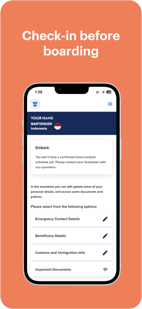 MyRCL app interface for crew members to update personal details and documents before boarding.