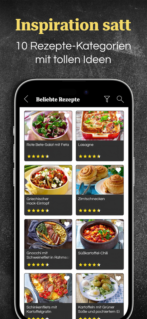 EAT CLUB – Rezepte & Kochen - EAT CLUB App-Bildschirm mit beliebten Rezeptkategorien und Food-Fotos