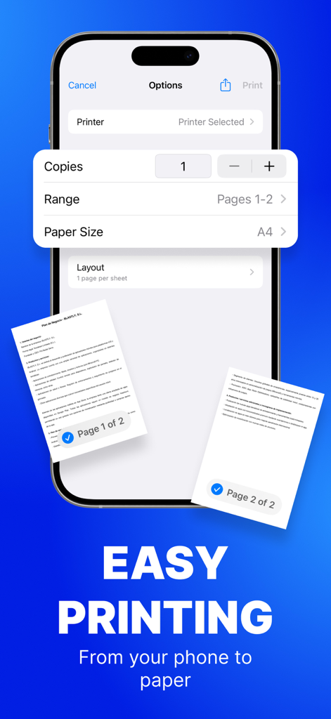 Smart Printer Wireless: iPrint - Interfaccia dell'app Smart Printer su iPhone che mostra le impostazioni di stampa del documento come copie e formato carta.