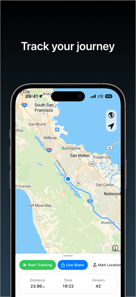 Bluelane - Bluelane mobile app showing a GPS route on a map with live tracking statistics