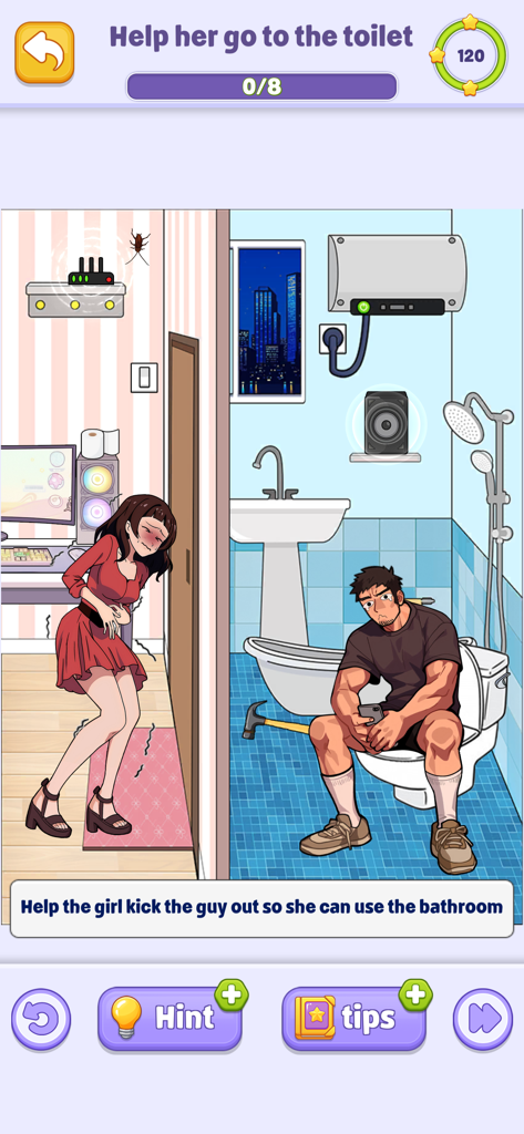 Tricky Story 2: Brain Twist - A cartoon brain puzzle level where a girl needs to use the bathroom