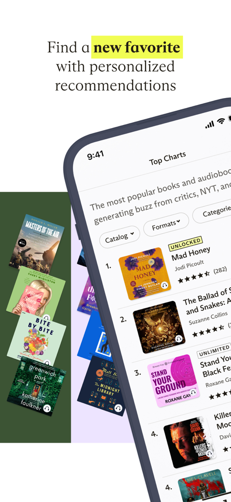 Everand App zeigt Top-Charts und personalisierte Empfehlungen für Bücher und Hörbücher.