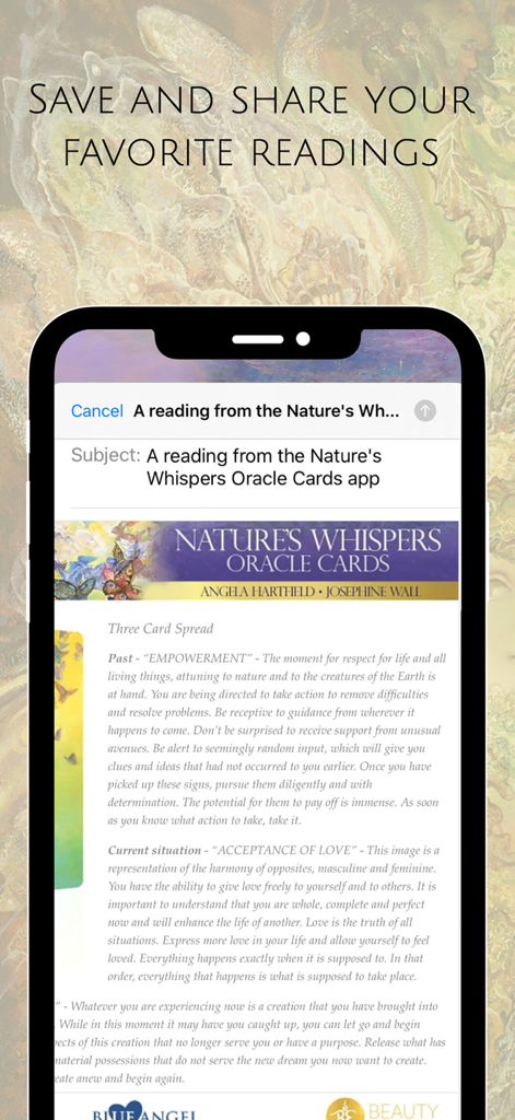 Nature's Whispers Oracle - Uma tela de smartphone exibindo uma leitura de cartas de oráculo sendo compartilhada por e-mail do aplicativo Natures Whispers