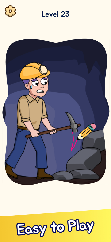 Draw Puzzle: Funny Brain Games - A cartoon miner in a cave from the Draw Puzzle game where a pencil draws missing parts to solve the level