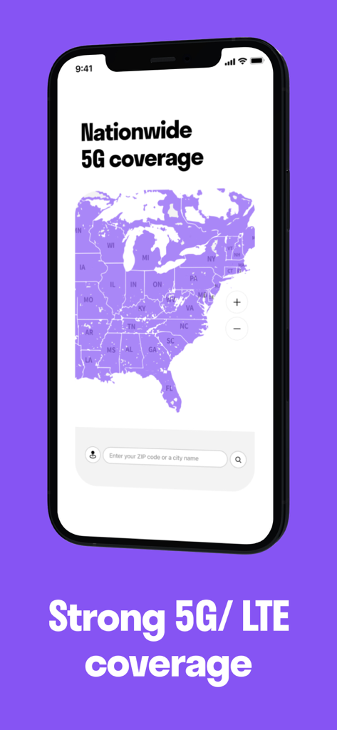 A smartphone displaying the TextNow app showing a nationwide 5G and LTE coverage map of the United States.