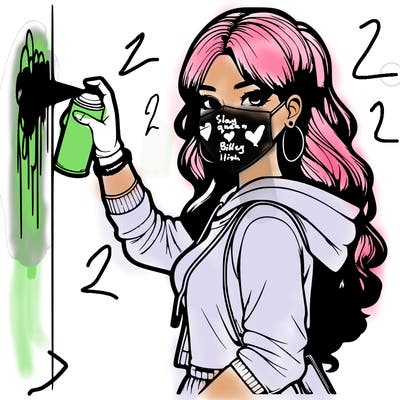 realistic girl with mask spray painting a wall