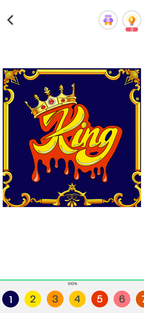 王冠と装飾的な金の額縁が付いた「King」という単語の数による色塗りデジタル塗り絵ページ