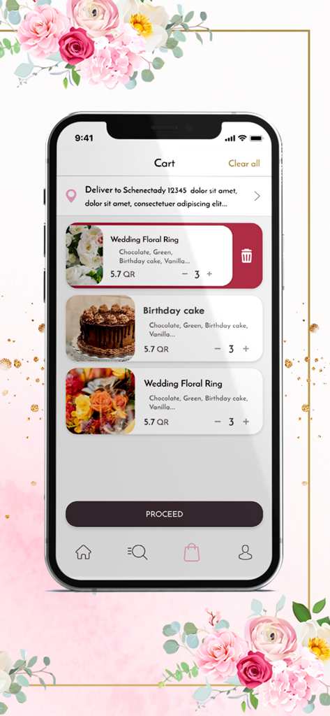 JOYFUL BOXES - Shopping cart screen of the Joyful Boxes app showing floral arrangements and cakes for delivery