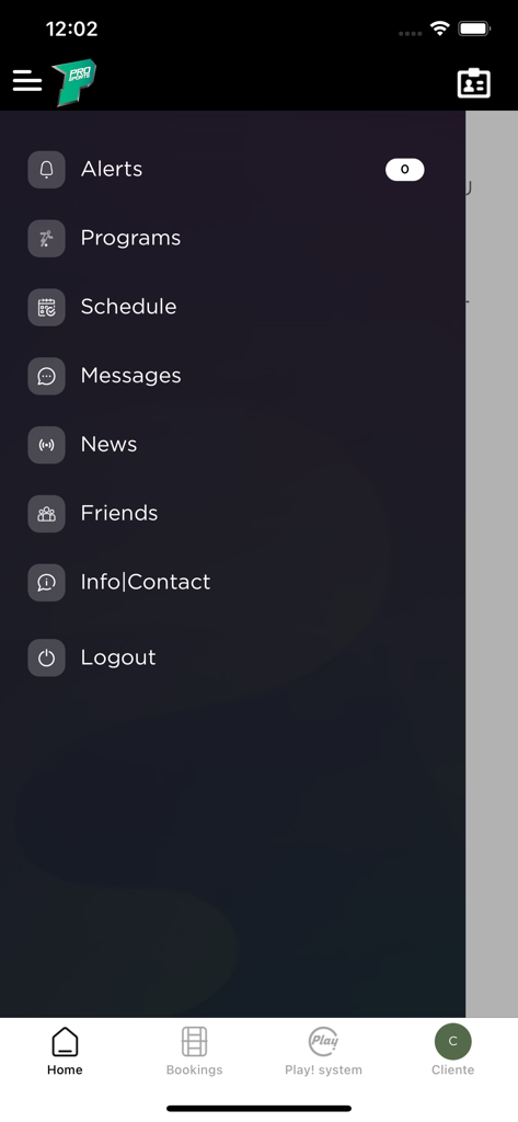 Pro Sports Qatar - Pro Sports Qatar mobile app navigation sidebar displaying menu options like Programs, Schedule, and Friends.