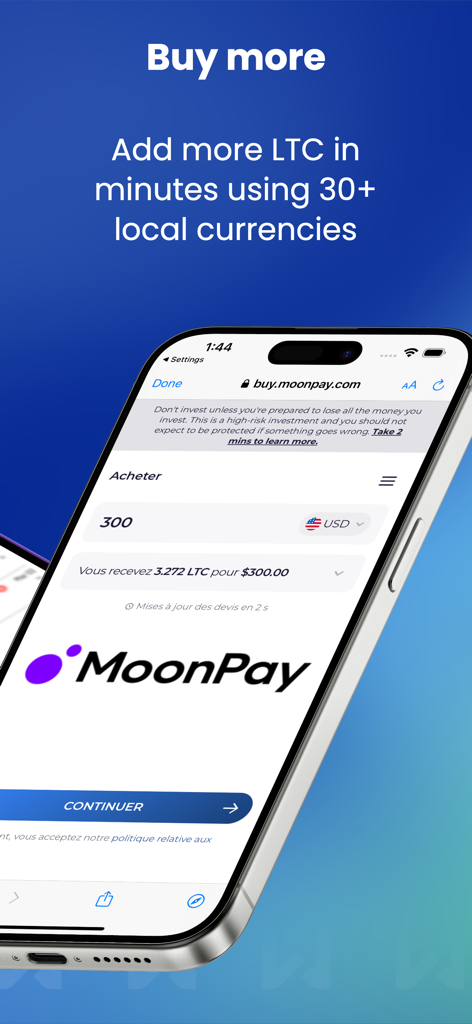 Litewallet App-Bildschirm, der einen Litecoin-Kauf mit MoonPay in USD zeigt