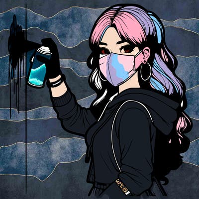 realistic girl with mask spray painting a wall