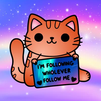 cat with a sign that says i’m following whoever follows me