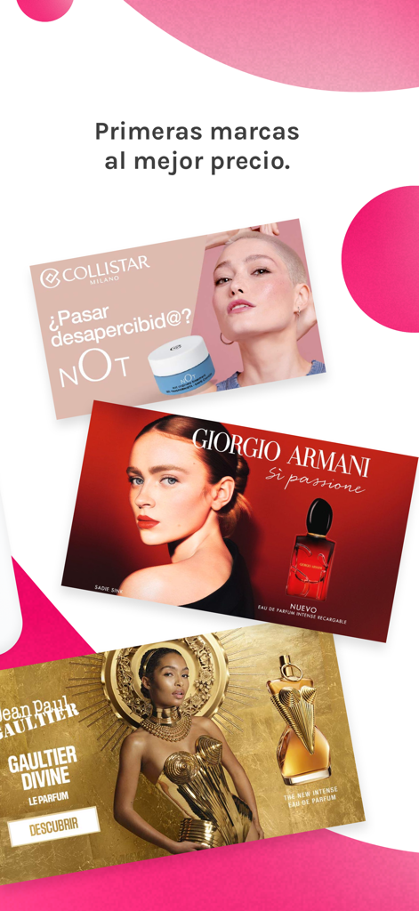 Bannières promotionnelles pour des marques de beauté de luxe comme Armani et Jean Paul Gaultier dans l'application Druni