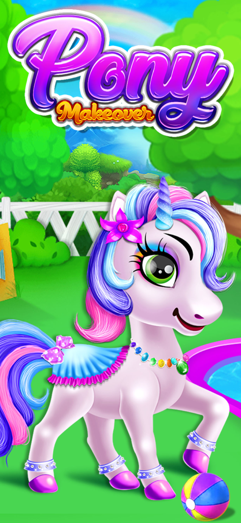 Pony Dress up - Pony Games - A cute cartoon unicorn with colorful hair and accessories in a Pony Makeover game