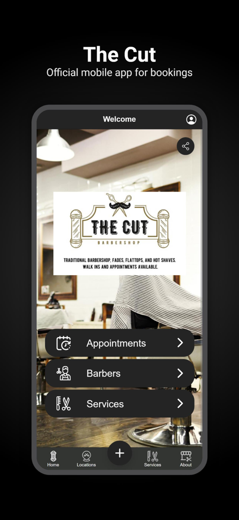 The Cut Barbershop - The Cut Barbershop mobile app home screen showing buttons for booking appointments, viewing barbers, and browsing services.