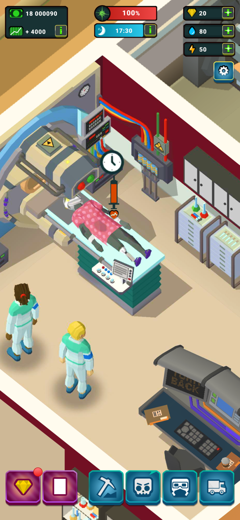 Ein Zombie-Patient erhält medizinische Behandlung in einem High-Tech-Krankenhauszimmer mit Ärzten in der Nähe in Idle Zombie Hospital Tycoon.