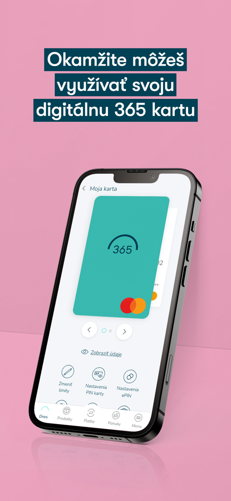 Interfaz de la aplicación móvil de 365 bank que muestra una Mastercard digital de color azul verdoso en un smartphone