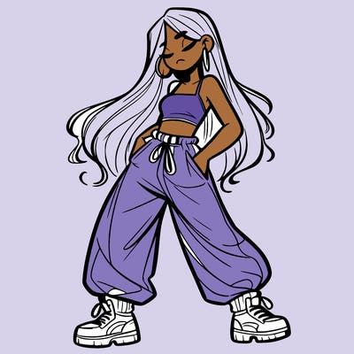 girl in baggy pants crop top and long hair