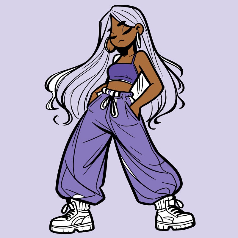 girl in baggy pants crop top and long hair