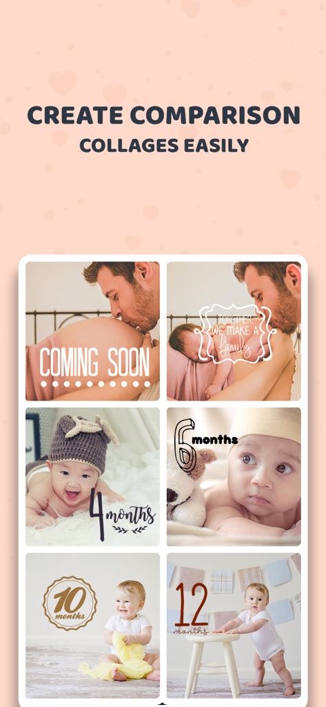 A collage showing a baby's growth progress from pregnancy to twelve months with decorative milestone stickers.