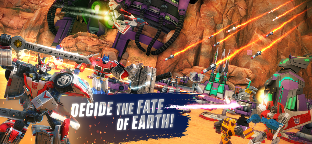 Transformers: Earth Wars - Epische Schlachtszene zwischen Autobots und Decepticons mit dem Text: Entscheide über das Schicksal der Erde