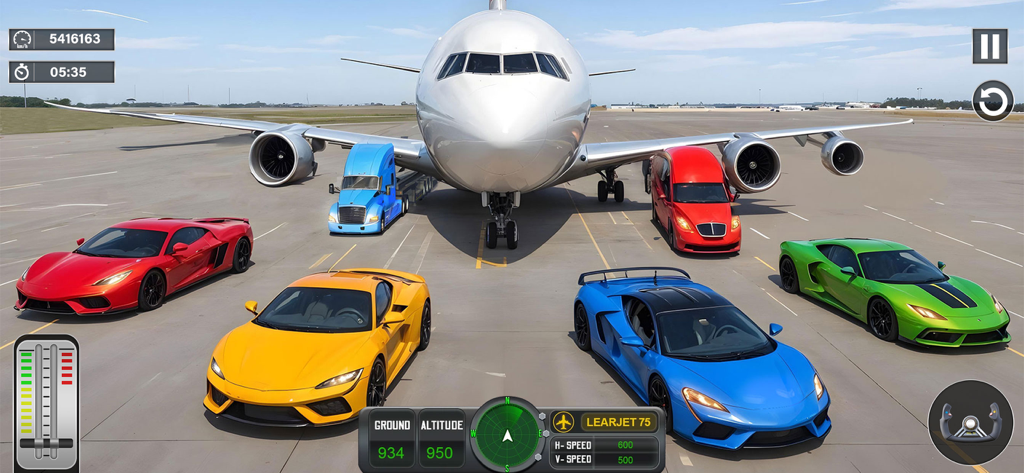 Cargo Plane Truck Transport - Un gran avión de carga rodeado de coloridos coches deportivos y camiones de transporte en la pista de un aeropuerto.