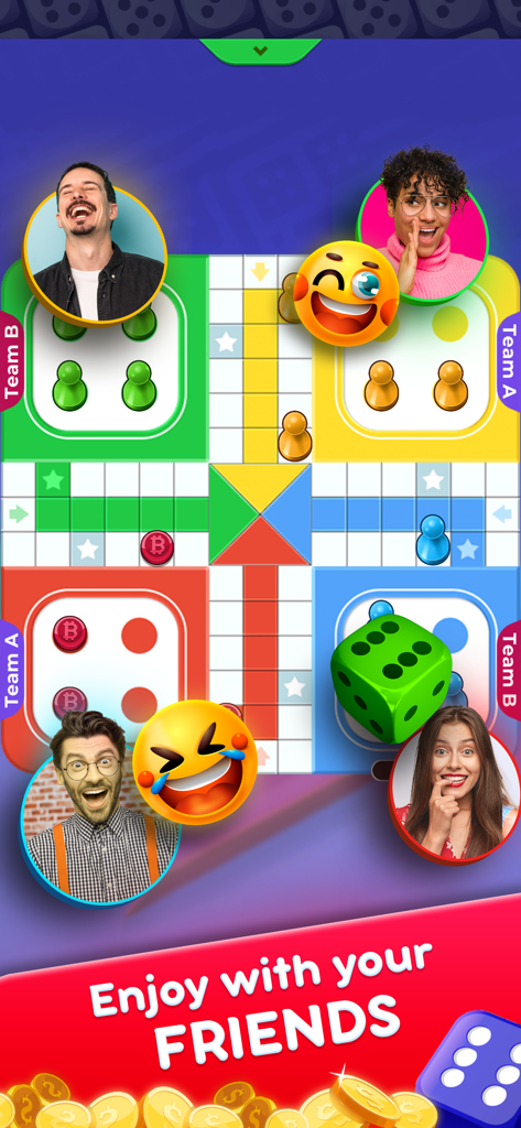 Online Ludo board game with player profiles and social emojis